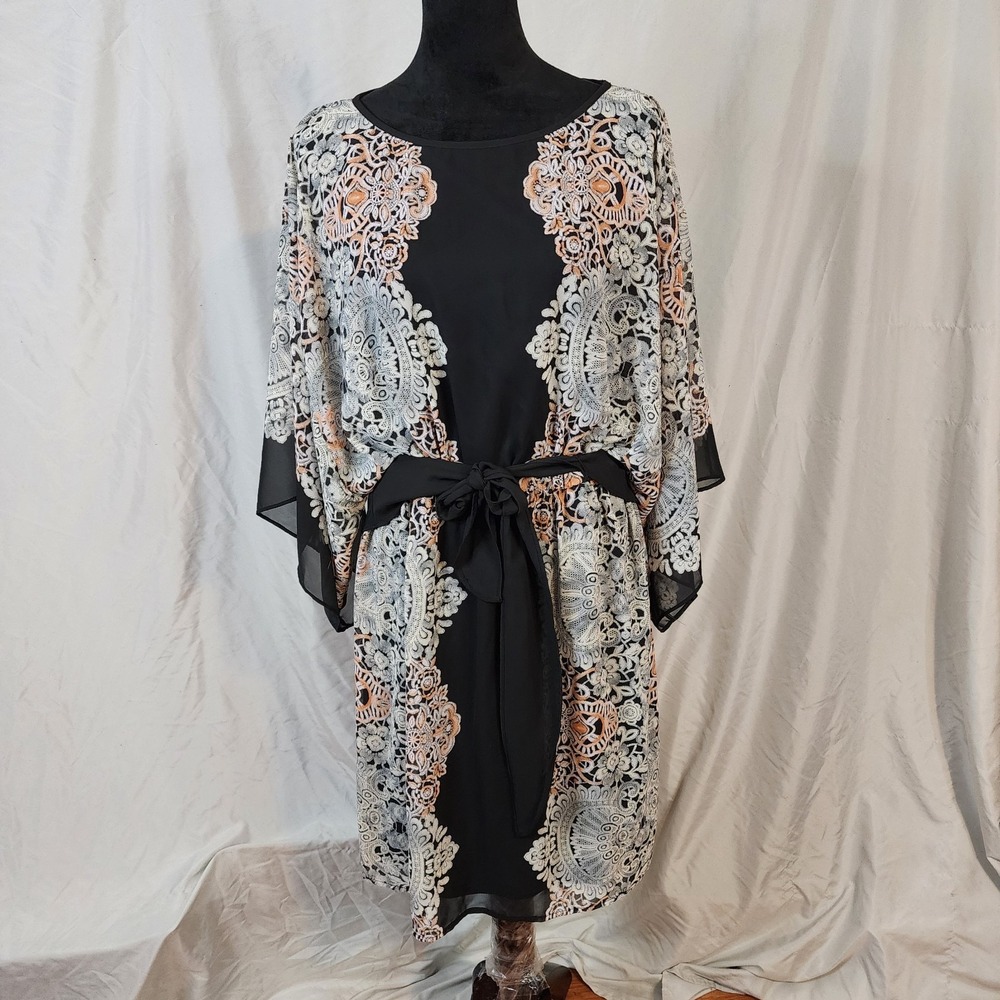 AGB Dress Size 12 Blouson Kimono Sleeve Tie Waist Multicolor Vacation Dress EUC